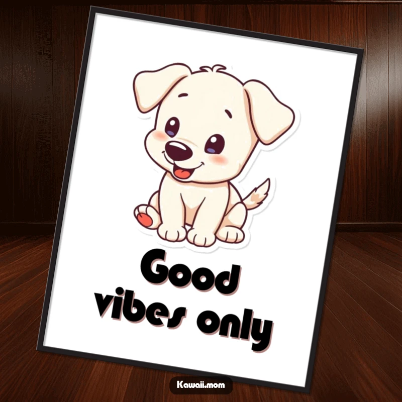 Funny Poster: An overjoyed puppy character in the midst of a happy tail wag, conveying boundless excitement and affection.