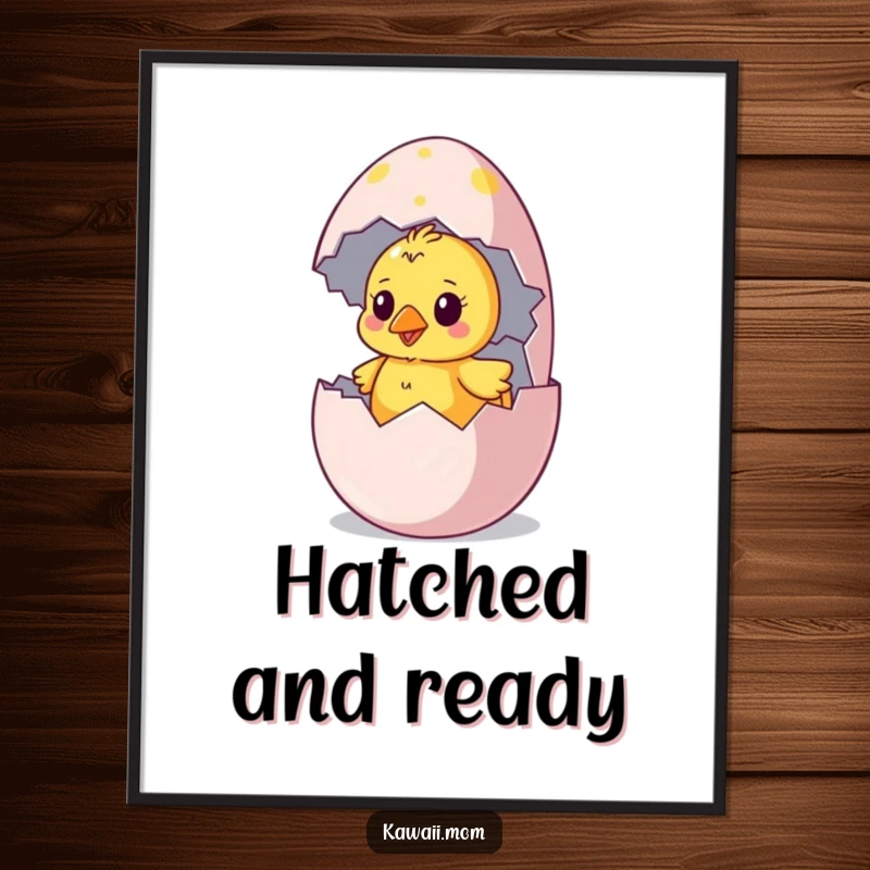 Funny chick poster showing a curious chick hatching from a colorful, oversized egg, bringing a sense of wonder.