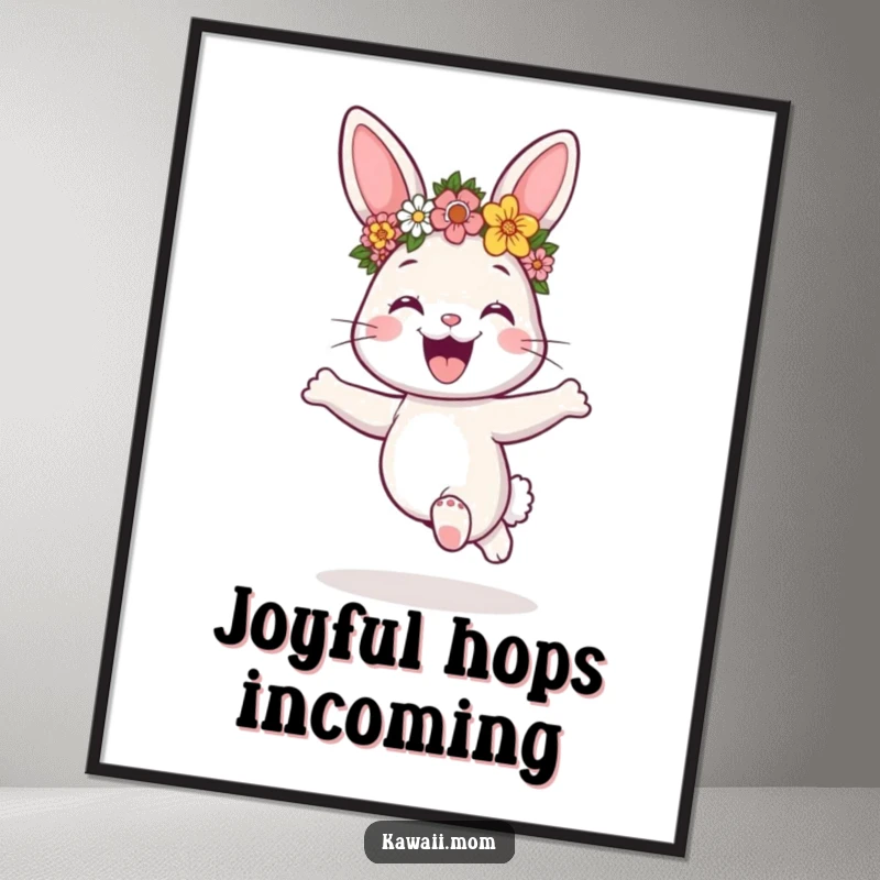 Funny and joyful bunny wearing a flower crown, hopping with glee, presented as a vibrant art print poster, a lovely gift.