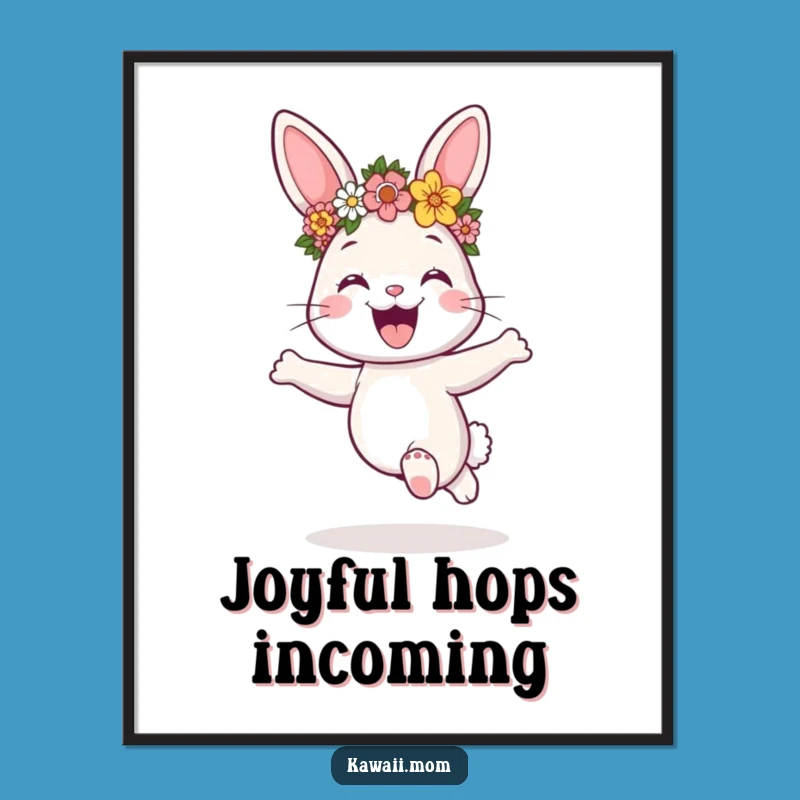 Funny Bunny Flower Crown Poster - Joyful Hopping Art Print Gift