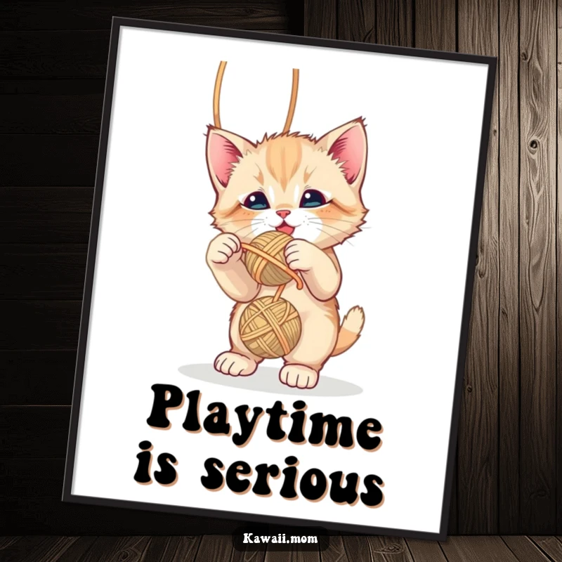 Funny cute kitten playfully batting at a dangling yarn ball, presented as a charming art print poster, a delightful gift.