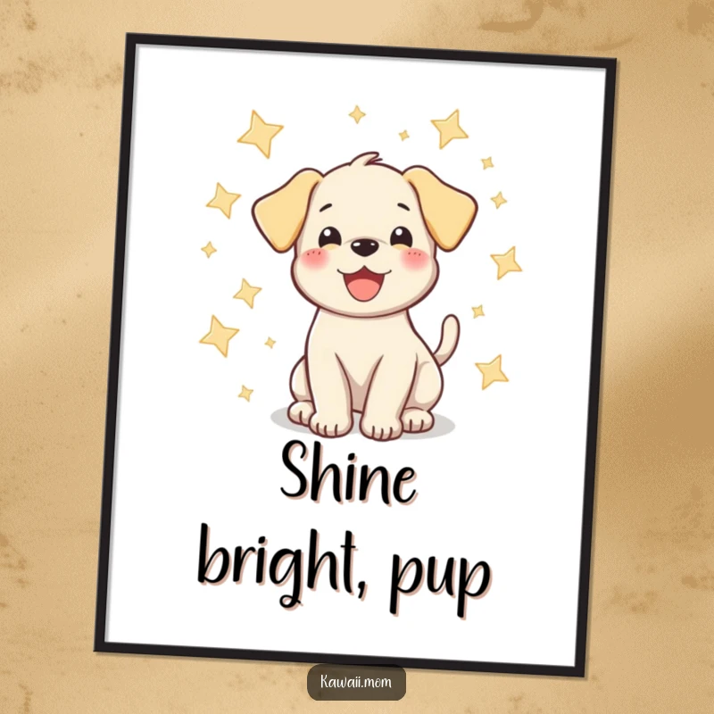 Funny puppy poster showing a happy dog wagging its tail amongst sparkling stars, bringing a sense of magical joy.