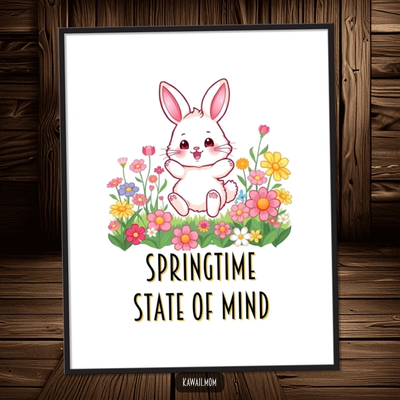 Funny Poster: Fluffy bunny character in a joyful hop, surrounded by a colorful array of blooming flowers, bringing cheerful energy.