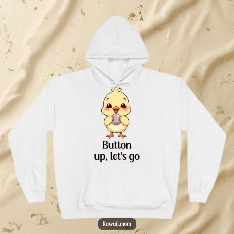 Funny Hoodie: Features a giggling chick character playfully pecking at a shiny button, radiating curiosity and charm.