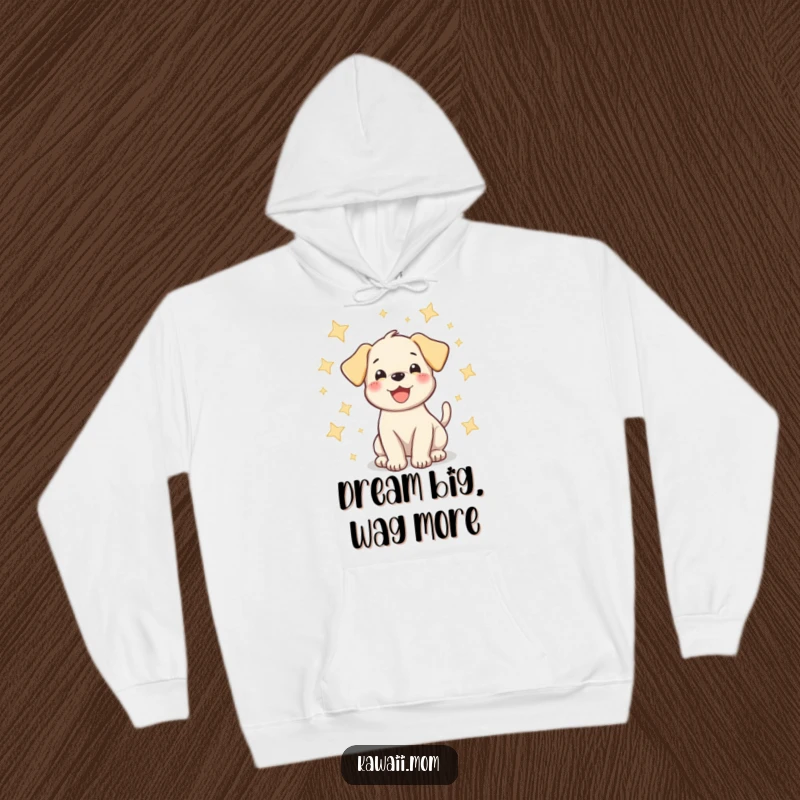Funny puppy hoodie featuring a happy dog wagging its tail amidst sparkling stars, perfect for cozy, humorous comfort.
