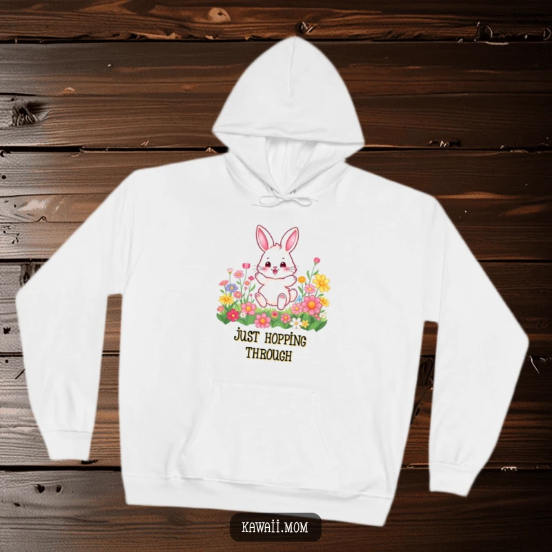 Funny Hoodie: Cozy depiction of a fluffy bunny character joyfully hopping amidst a profusion of colorful flowers, exuding happiness.