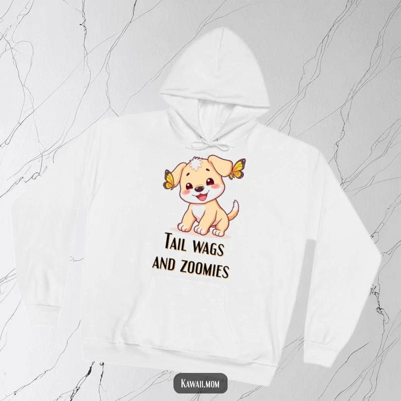 Funny happy puppy with a wagging tail chasing a butterfly on a soft and warm hoodie, a delightful gift.
