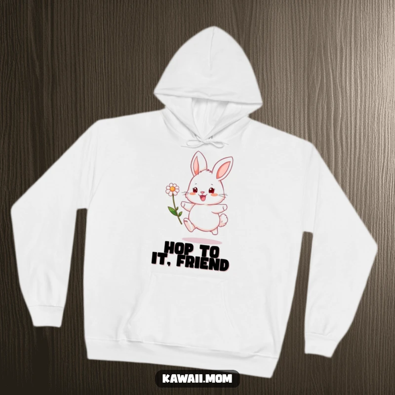 Funny bunny hoodie with a fluffy character joyfully hopping with a flower, offering cozy, humorous vibes.