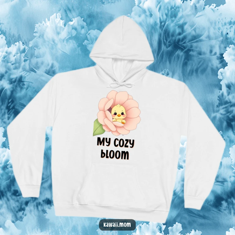 Funny curious chick peeking out from an oversized flower on a soft and warm hoodie, a delightful spring gift.