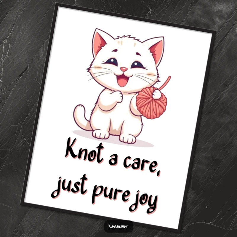 Funny free printable kitten wall art, a happy kitten mid-play, batting at a dangling ball of yarn.