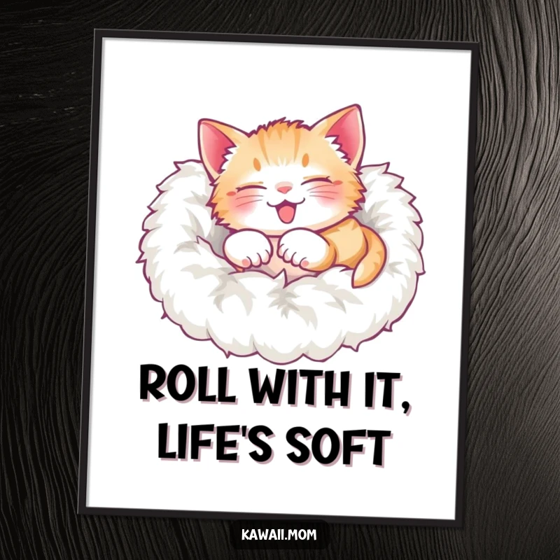Funny free printable kitten wall art, a delighted kitten rolling joyfully in a soft, fluffy pile.