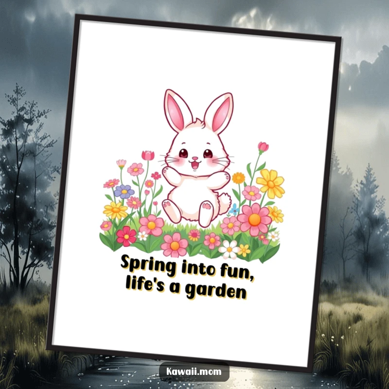 Funny free printable bunny wall art, a fluffy bunny doing a joyful hop through a vibrant field of flowers.
