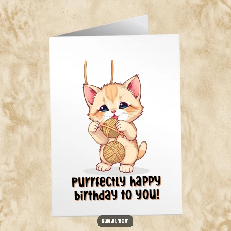 Funny Free Printable Birthday Card: Cute kitten playfully swatting at a dangling ball of yarn with mischief.