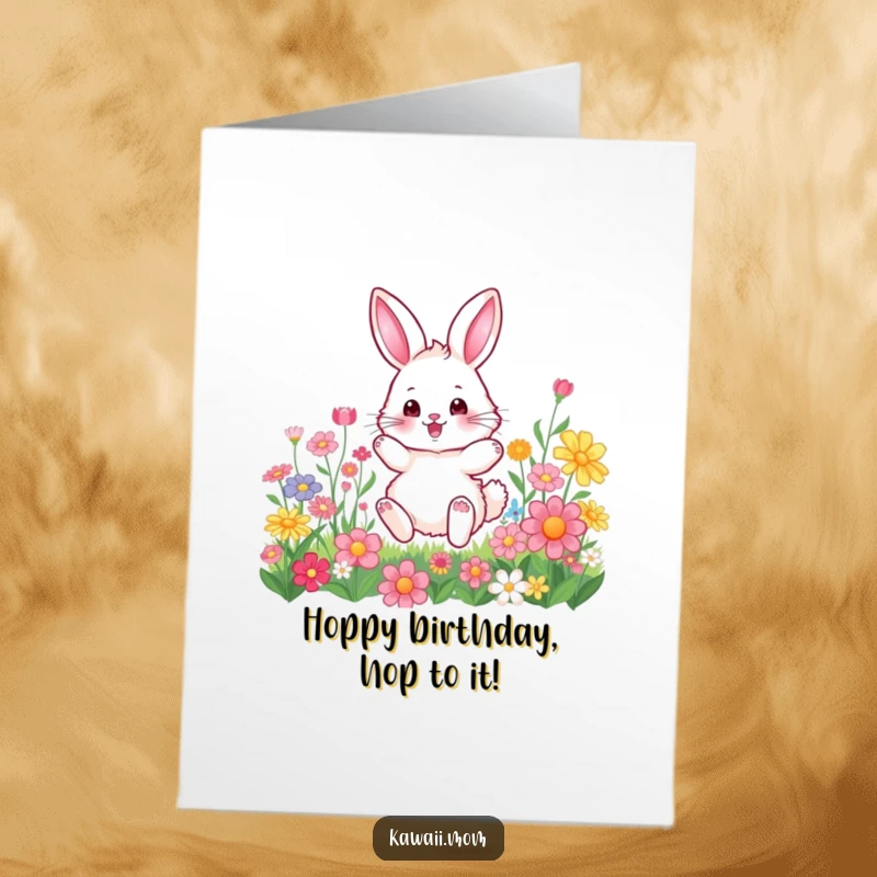 Funny free printable bunny birthday card, a fluffy bunny joyfully hopping amidst vibrant, colorful flowers.
