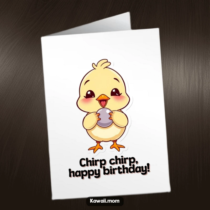 Funny free printable chick birthday card, a giggling chick playfully pecking at a shiny, round button.
