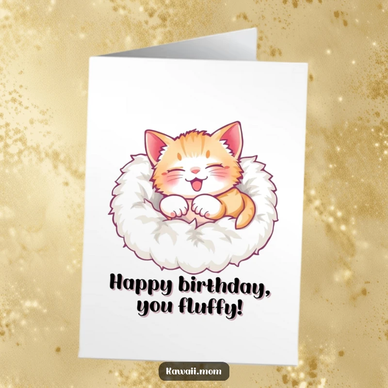 Funny free printable kitten birthday card, a delighted kitten happily rolling in a soft, fluffy pile.