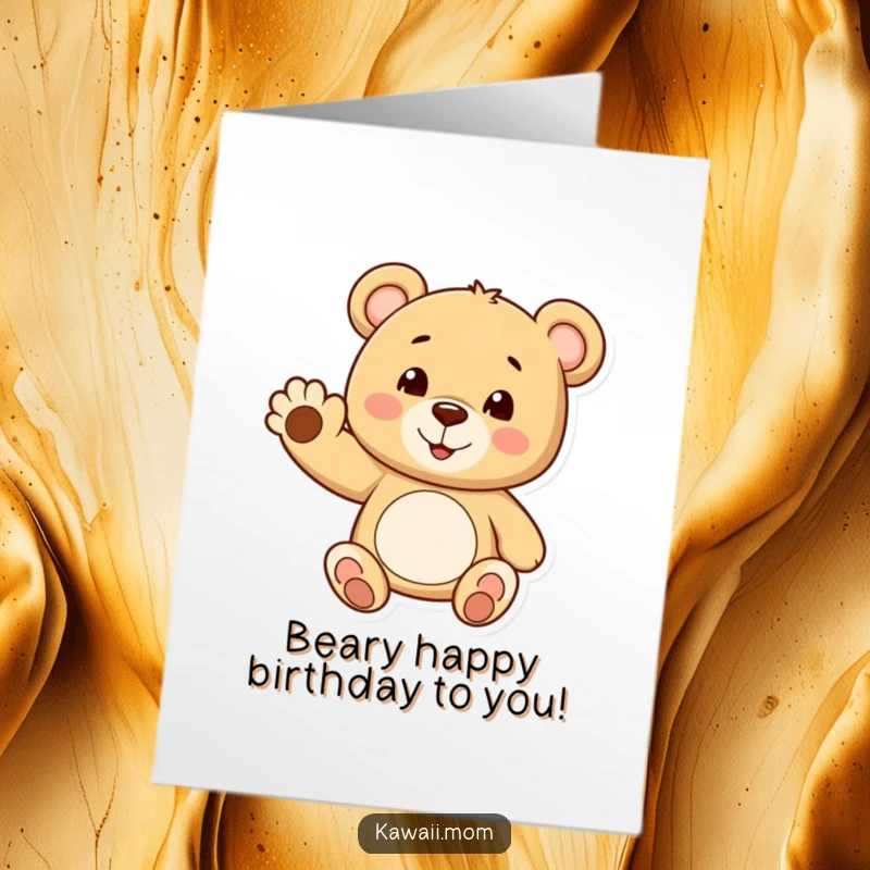 Funny Free Printable Teddy Bear Birthday Card: Cheerful teddy bear waves a paw with a smile, sending birthday wishes.