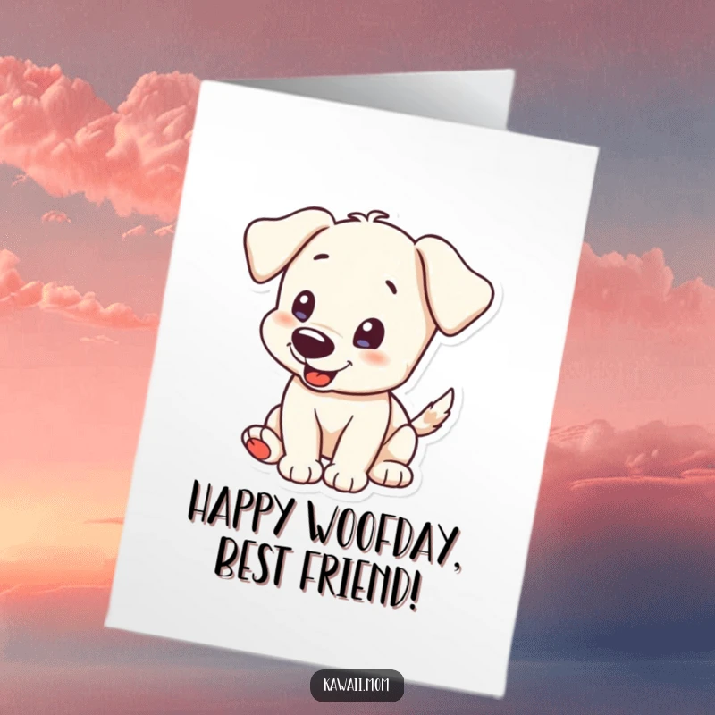 Funny free printable puppy birthday card, a curious puppy with its tail wagging excitedly.
