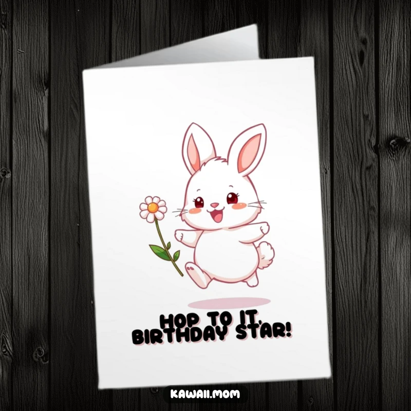 Funny Free Printable Bunny Birthday Card: Fluffy bunny joyfully hops with a flower, spreading cheer downloadable.