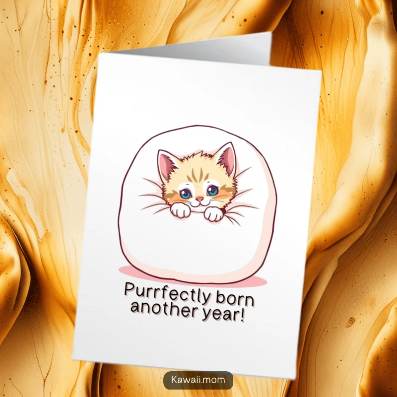 Funny Free Printable Kitten Birthday Card: Playful kitten peeks from behind a giant cushion, ready to celebrate.