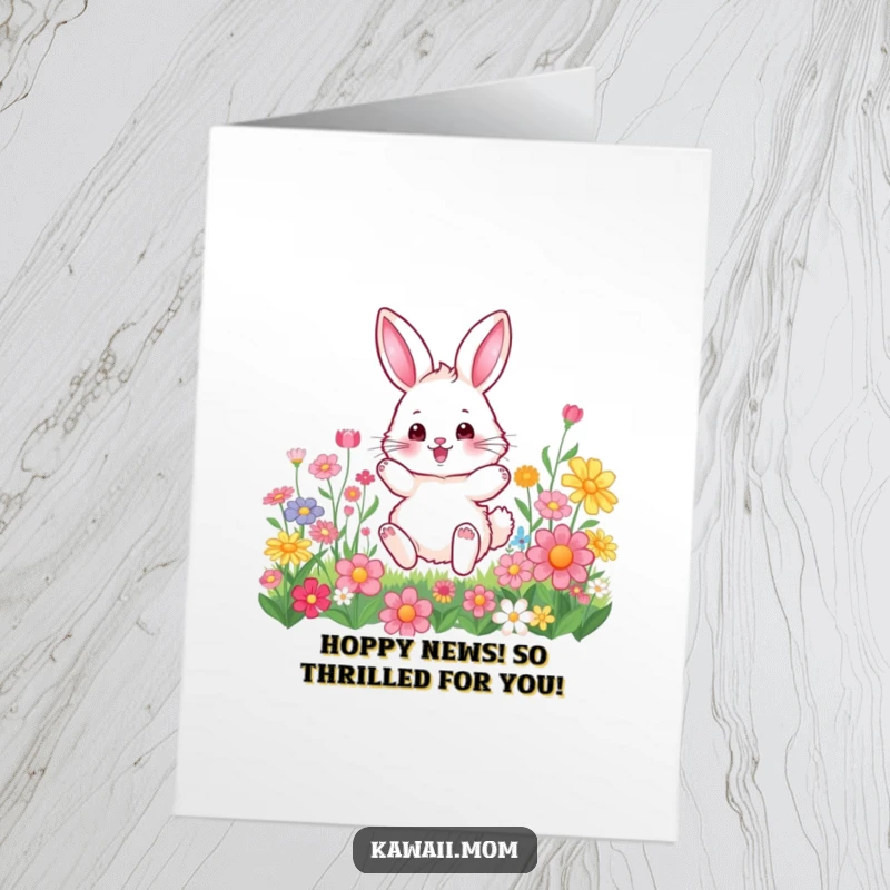Funny free printable bunny congratulations card, a fluffy bunny joyfully hopping through a field of colorful flowers.