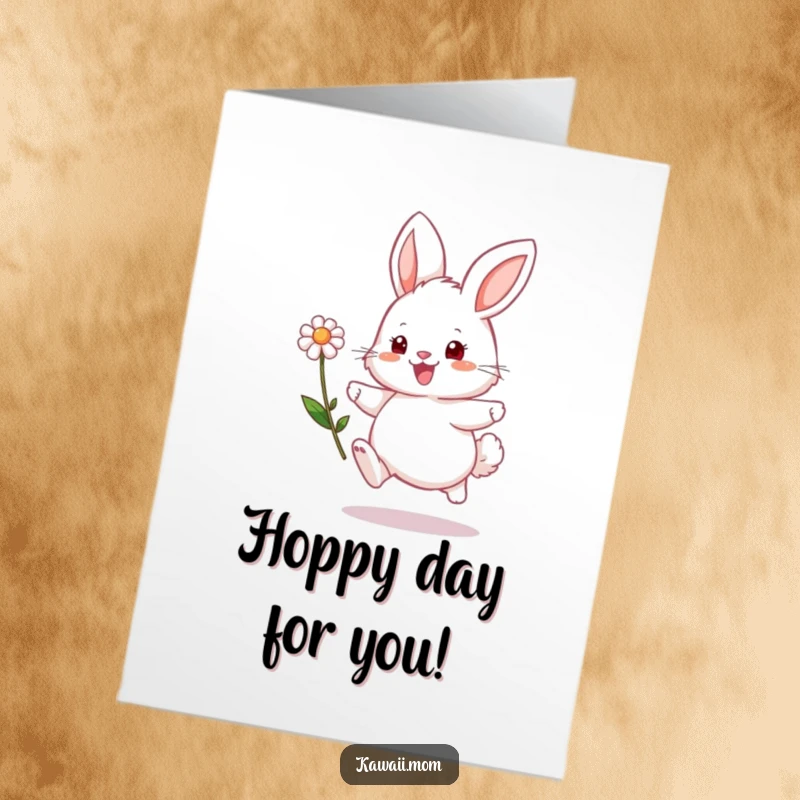 Funny Free Printable Bunny Congratulations Card: A fluffy bunny hops with a flower, conveying cheerful congratulations.