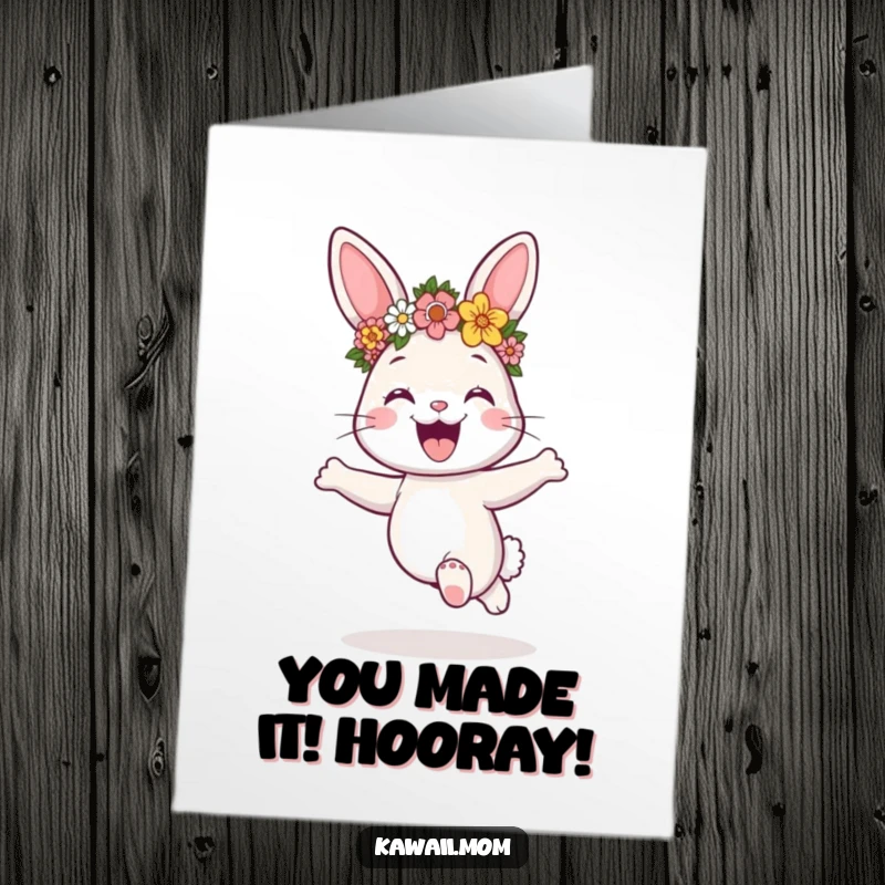 Funny Free Printable Congrats Card: Happy bunny with flower crown, hopping with excitement for your success.