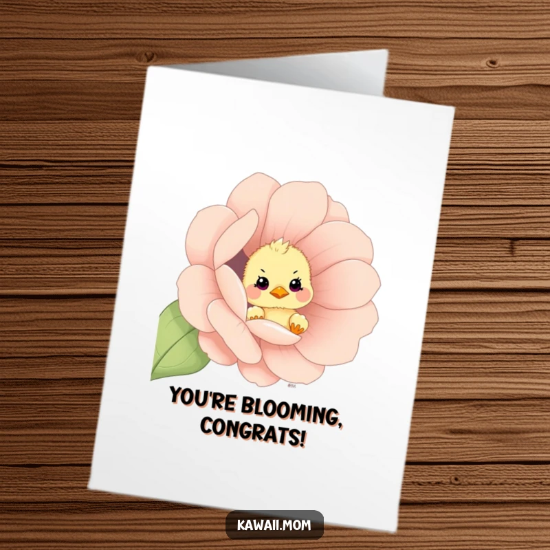 Funny Free Printable Congrats Card: A curious chick peeking from an oversized flower, celebrating your success.
