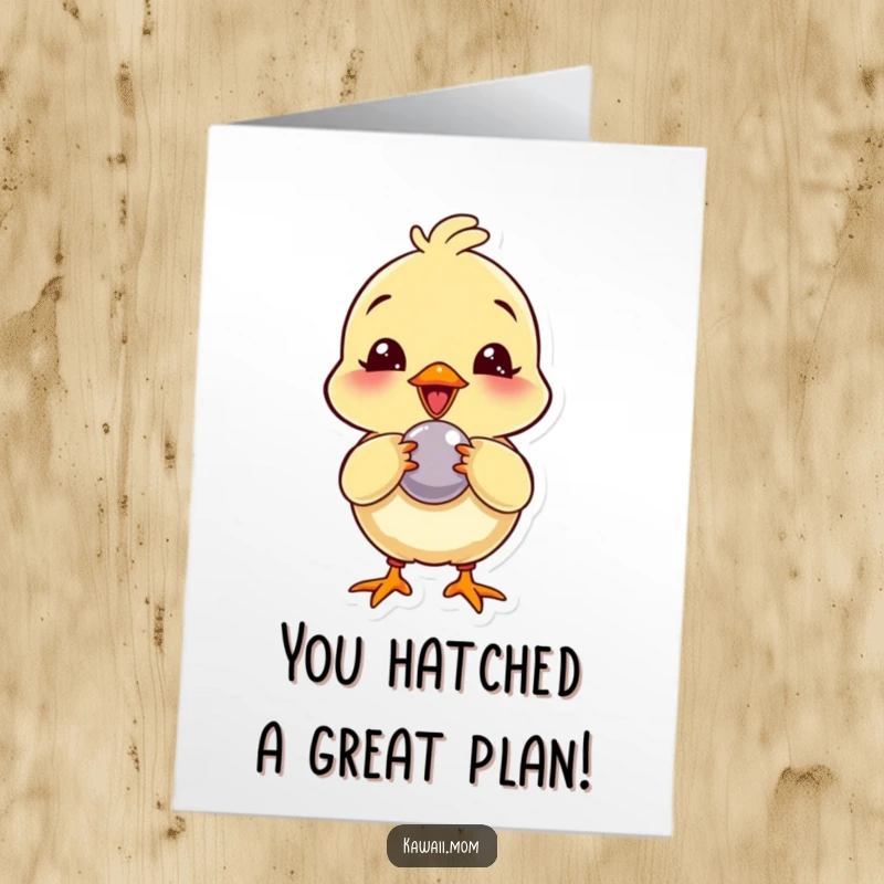 Funny free printable chick congratulations card, a giggling chick pecking at a shiny button with glee.