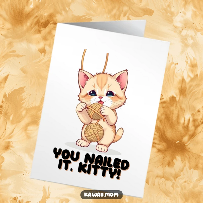 Funny Free Printable Congrats Card: A cute kitten batting playfully at a dangling yarn ball in celebration.