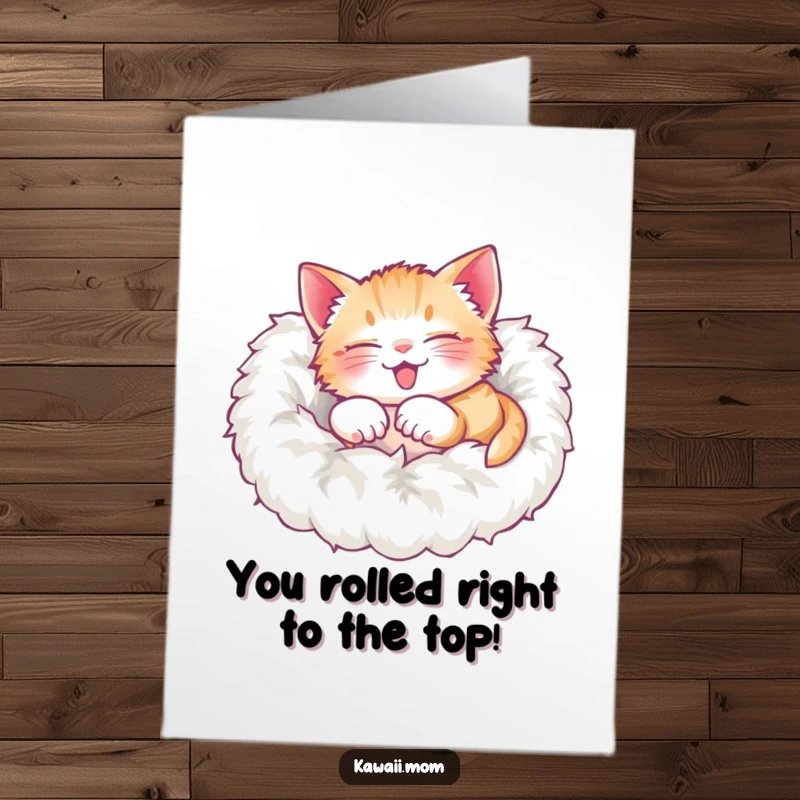 Funny free printable kitten congratulations card, a delighted kitten rolling over in a pile of soft fluff.