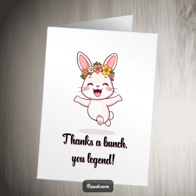 Funny Free Printable Thank You Card: Joyful bunny in flower crown, hopping to express thanks.