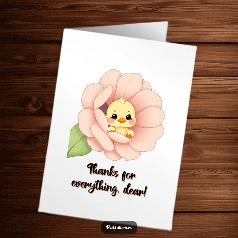 Funny Free Printable Thank You Card: A curious little chick peeking out from a giant flower, expressing thanks.