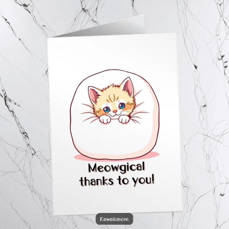 Funny Free Printable Kitten Thank You Card: Playful kitten peeks from behind a cushion, sending thanks.