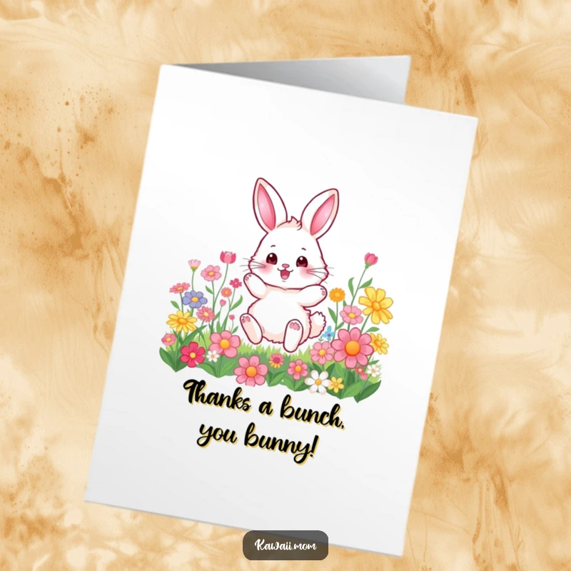 Funny free printable bunny thank you card, a fluffy bunny hopping joyfully among blooming colorful flowers.