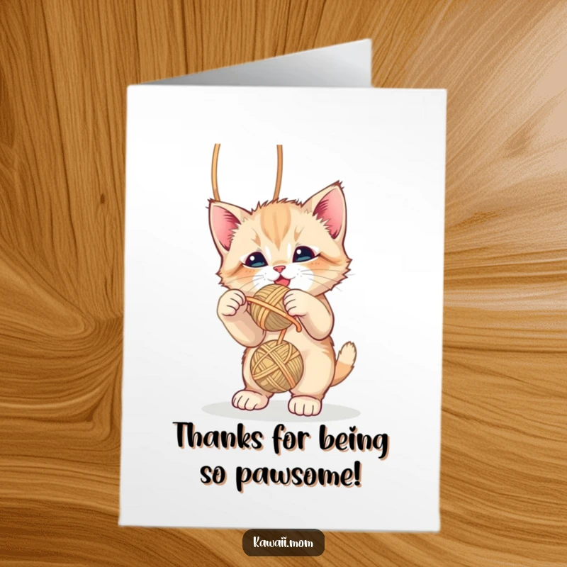 Funny Free Printable Thank You Card: Adorable kitten playfully batting at a dangling yarn ball, saying thanks.