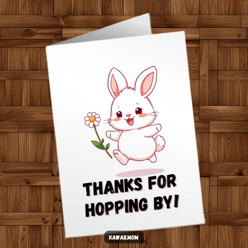 Funny Free Printable Bunny Thank You Card: Fluffy bunny hops with a flower, expressing thanks with a smile.