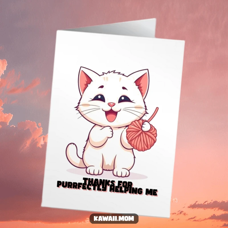Funny free printable kitten thank you card, a happy kitten batting at a stray yarn ball.