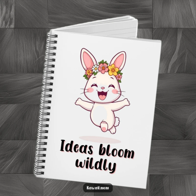 Funny and happy bunny with a flower crown, captured mid-hop on a notebook cover, perfect for jotting notes, a gift.