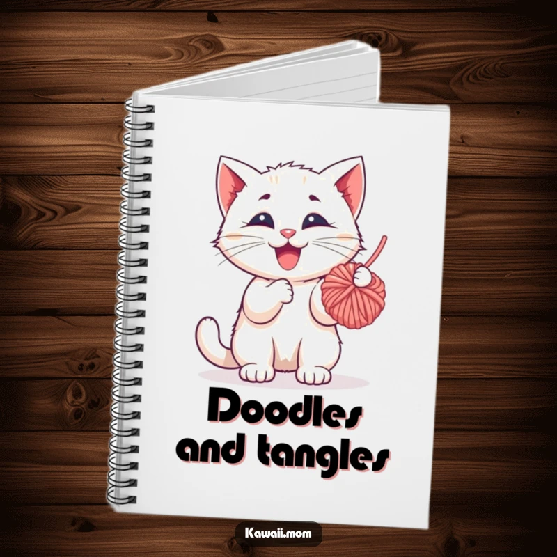 Funny Notebook: Depicts a happy kitten character playfully batting at a dangling ball of yarn, ideal for capturing notes and ideas.