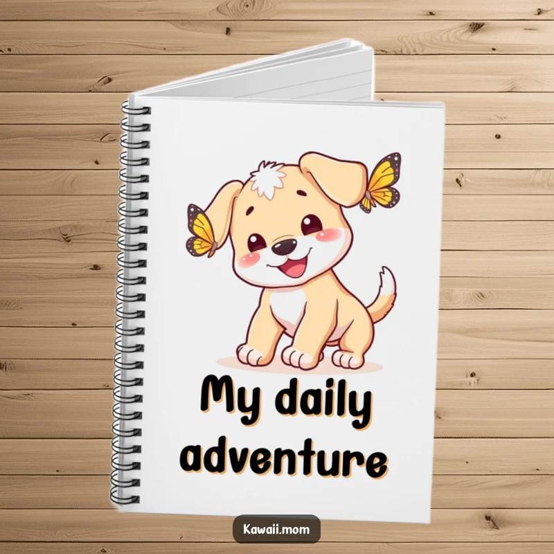 Funny happy puppy with a wagging tail chasing a butterfly on a notebook cover, perfect for jotting notes, a gift.