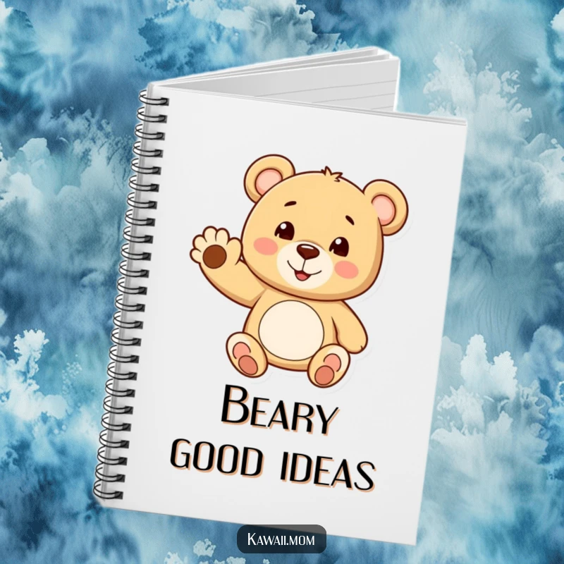 Funny teddy bear notebook featuring a cheerful bear waving a tiny paw with a smile, ideal for jotting notes warmly.