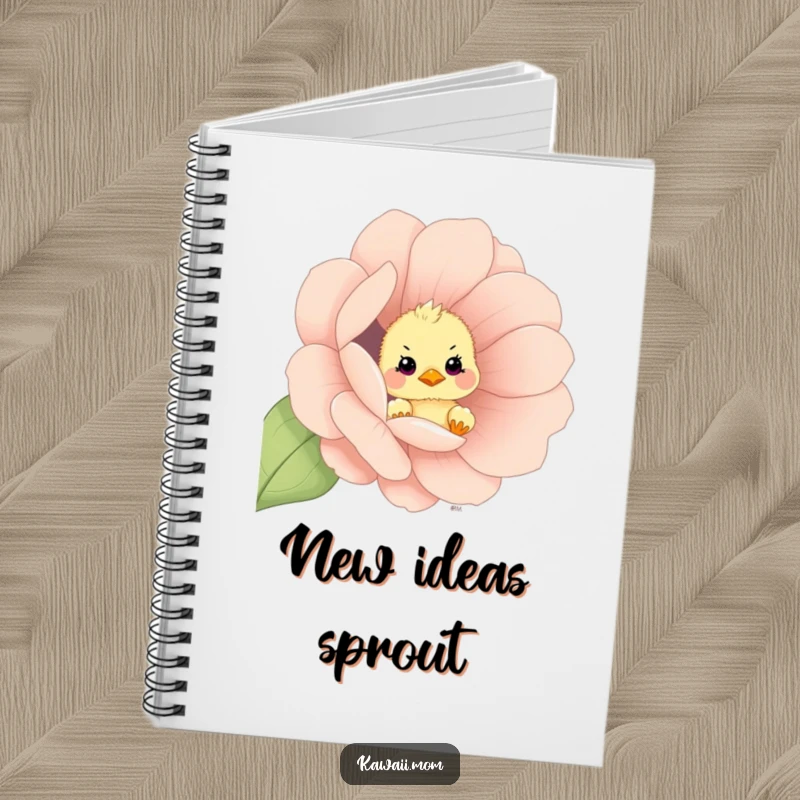 Funny curious chick peeking out from an oversized flower on a notebook cover, perfect for jotting notes, a gift.