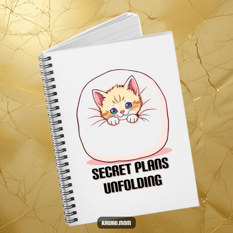 Funny kitten notebook featuring a playful cat peeking from behind a soft cushion, ideal for jotting notes with a smile.