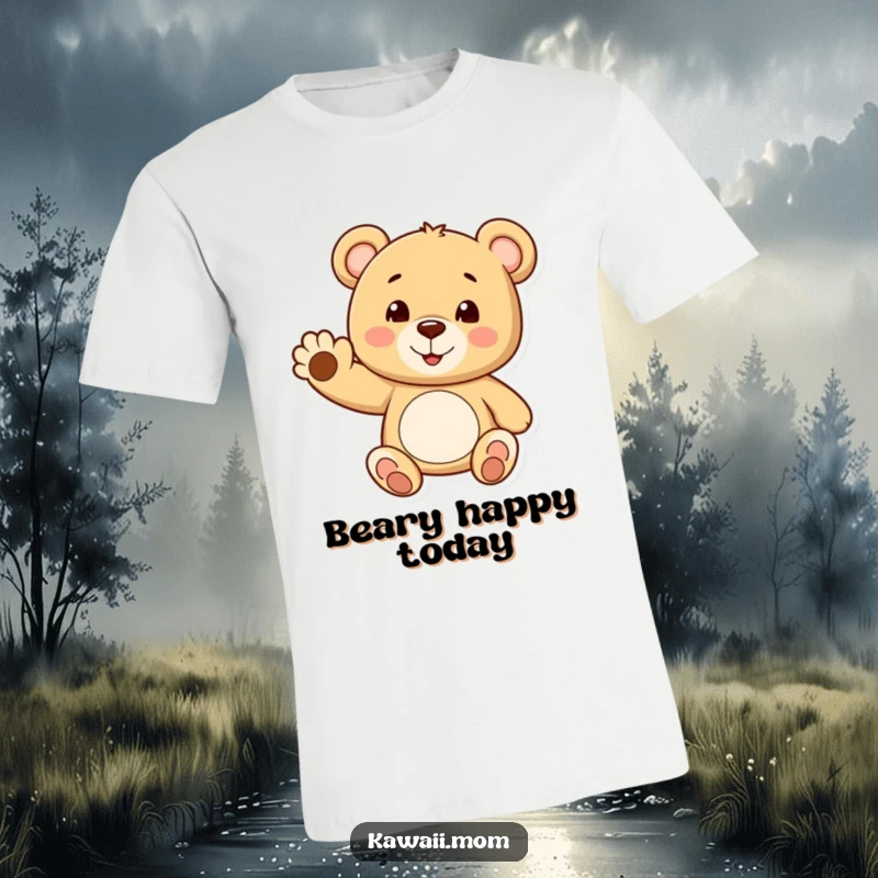 Funny teddy bear t-shirt showing a cheerful bear waving a tiny paw with a smile, perfect for spreading good vibes.
