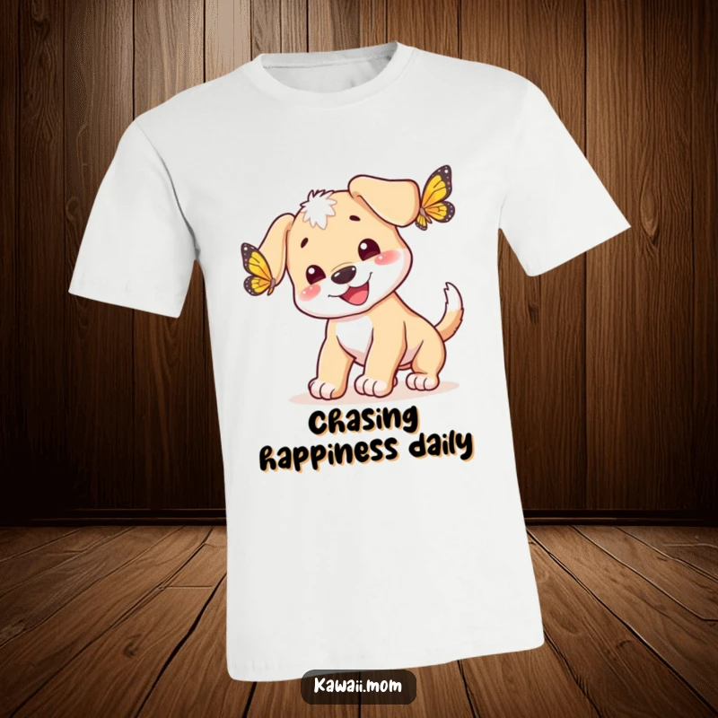 Funny puppy with a wagging tail joyfully chasing a butterfly on this comfortable t-shirt, a humorous and cute gift.
