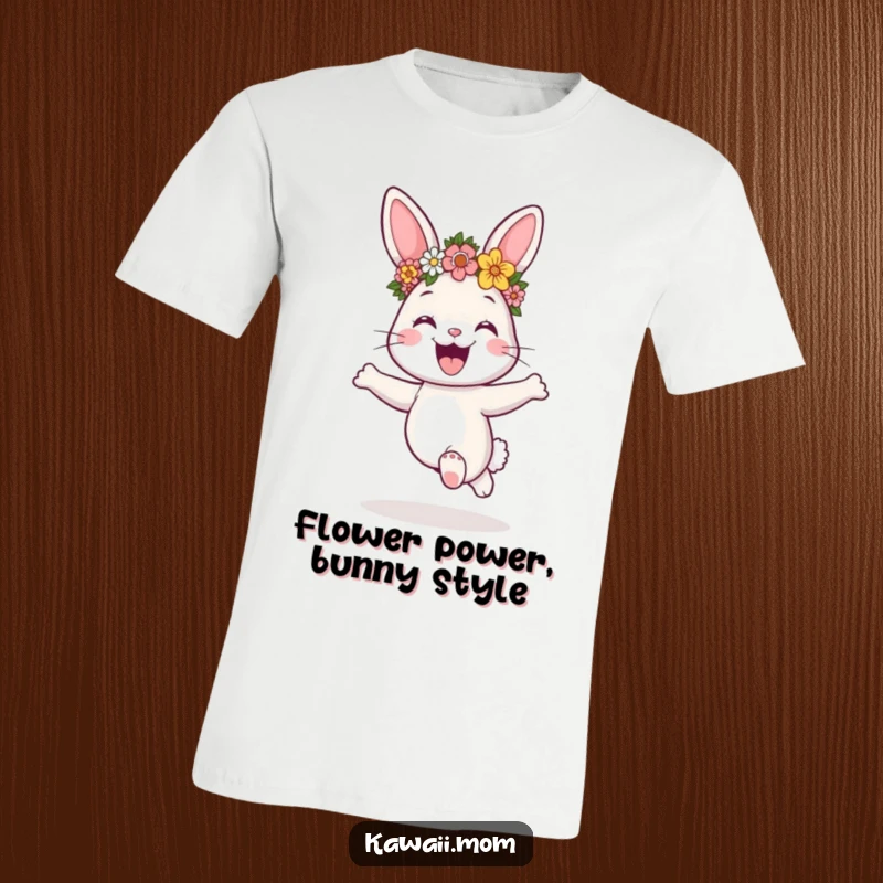 Funny joyful bunny wearing a flower crown, hopping energetically on this comfortable t-shirt, a humorous gift.