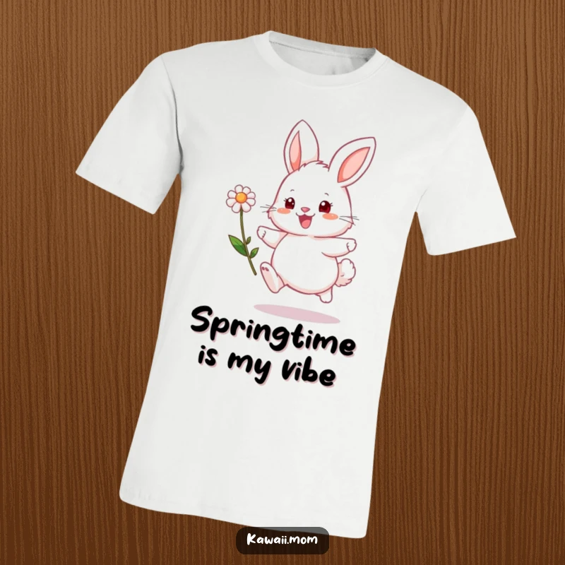 Funny bunny t-shirt showcasing an excited fluffy character mid-hop with a vibrant flower, spreading Easter cheer.