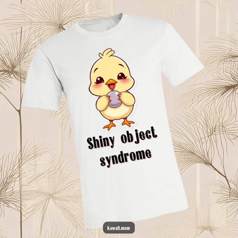 Funny T-Shirt: An adorable chick character giggling while playfully pecking at a shiny button, full of curious delight.
