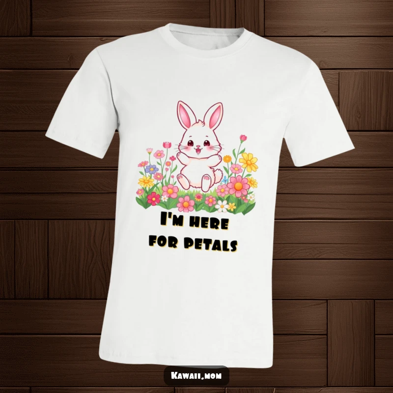 Funny T-Shirt: A fluffy bunny character in mid-hop, surrounded by vibrant, colorful flowers, embodying pure springtime happiness.